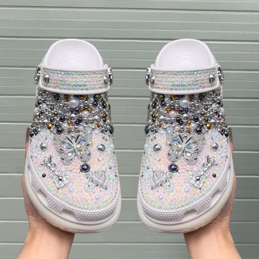 Cloud Bloom Crystal Clogs – Pearl White
